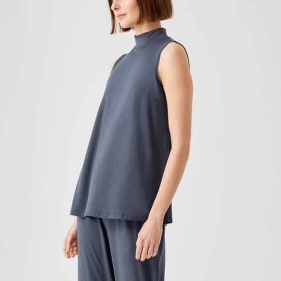 Eileen Fisher Fine Jersey Mock Neck Tank Blouse Top Womens Small Blue Minimalist - Picture 2 of 8